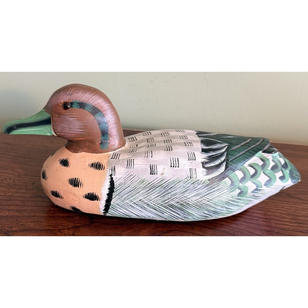 Vintage‎ Green Wing Teal Hand Carved And Painted Wooden Duck Decoy Glass Eyes